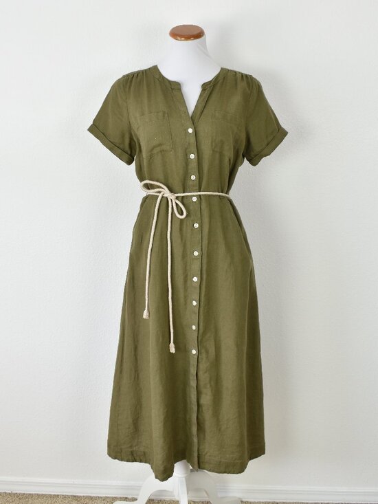 Talbots Dresses & Skirts - Talbots Olive Green Linen Button Down Midi Dress - 8